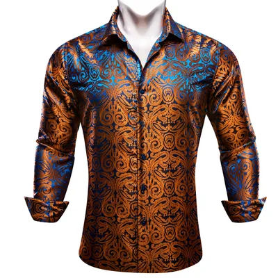 Chemises en soie de créateur pour hommes bleu or vert rouge blanc noir Paisley brodé Slim Fit chemisiers masculins décontracté à manches longues
