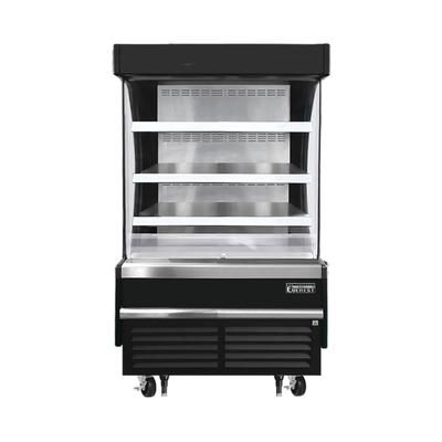 Everest Refrigeration EOMV-36-B-28-S 37 1/4" Vertical Open Air Cooler w/ 4 Levels, Black, 115v, 3 Steel Shelves, Glass Side Panels