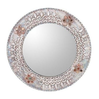 Mughal Glory,'Mughal-Inspired Round Aluminum and Glass Wall Mirror'