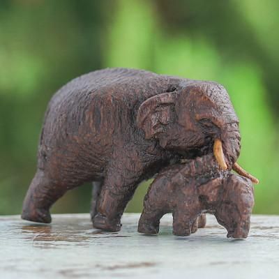'Hand-Carved Wood Figurine of Elephant Mother and Her Baby'