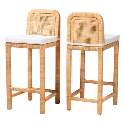 Zariah Modern Bohemian Natural Brown Rattan And Mahogany Wood Bar Stool by Baxton Studio in Natural Brown Mahogany