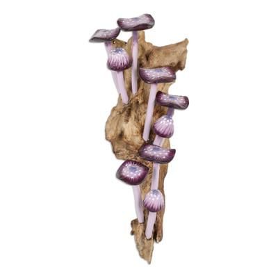 Purple Woods,'Purple-Toned Wood Mushroom Wall Sculpture from Bali'