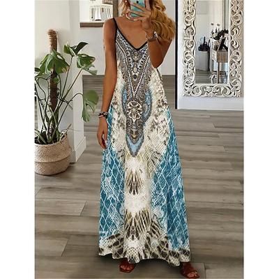 Per donna Abito lungo maxi Vestito Casual Abito a trapezio Abito Sottoveste Abito Stampato Vintage Retrò Casual Quotidiano All'aperto Data Vestibilità regolare Geometrico Tribale Senza Maniche Scollo
