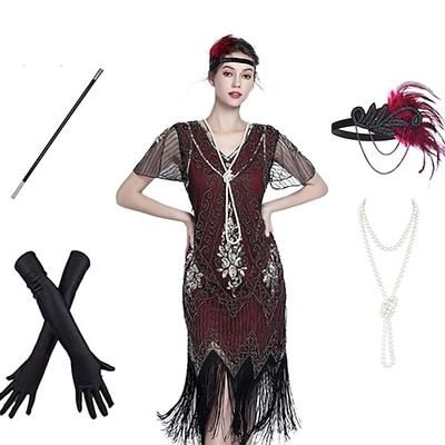 Anni Ruggenti Anni 1920 Lunghezza al ginocchio Vestito Abito Flapper Abiti Maniche corte Il grande Gatsby Invitato al matrimonio Paillettes Frangia con nappe Paillettes Nappa Scollo a V Costume Per