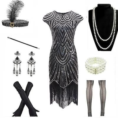 Anni Ruggenti Anni 1920 Lunghezza al ginocchio Vestito Abito Flapper Abiti Cortissima Il grande Gatsby Invitato al matrimonio Frangia con nappe Scollo a V Scollo Tondo Costume Per donna Carnevale