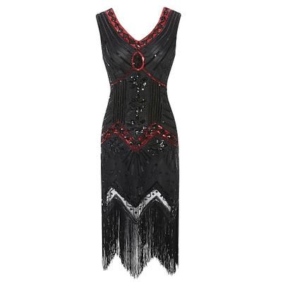Anni Ruggenti Anni 1920 Lunghezza al ginocchio Vestito Abito Flapper Abito da Ballo Senza maniche Il grande Gatsby Charleston Invitato al matrimonio Frangia con nappe Scollo a V Costume Per donna