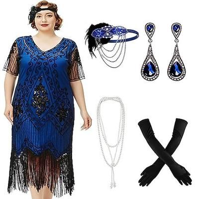 Anni Ruggenti Anni 1920 Lunghezza al ginocchio Vestito Abito Flapper Abiti Maniche corte Il grande Gatsby Invitato al matrimonio Paillettes Frangia con nappe Scollo a V Costume Per donna Natale
