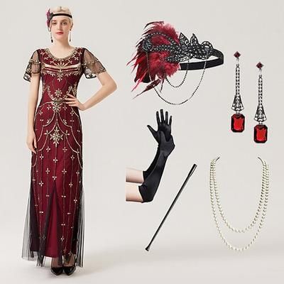 Anni Ruggenti Anni 1920 Il grande Gatsby Lunghezza alla caviglia Lunghezza lunga Vestito Abito da sera Abiti Maniche corte Il grande Gatsby Charleston Invitato al matrimonio Piuma Scollo a V Costume