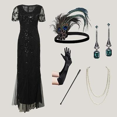 Anni Ruggenti Anni 1920 Il grande Gatsby Lunghezza alla caviglia Lunghezza lunga Vestito Abito da sera Abiti Maniche corte Il grande Gatsby Charleston Invitato al matrimonio Piuma Scollo a V Costume