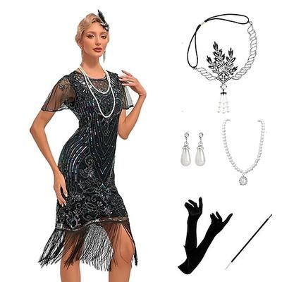 Anni Ruggenti Anni 1920 Lunghezza al ginocchio Lunghezza corta Abito Flapper Abiti Costume da festa Manica illusione Maniche corte Il grande Gatsby Invitato al matrimonio Paillettes Frangia con nappe