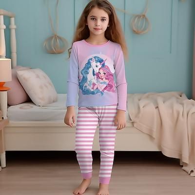 Da ragazza 3D Arcobaleno Unicorno Set pigiama Manica lunga Stampa 3D Autunno Inverno Attivo Di tendenza stile sveglio Bambino 4 anni Girocollo Interni Casual Al coperto Standard