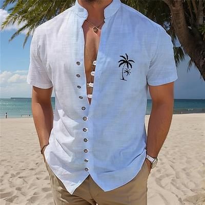 Per uomo Palma Piante Tropicali Camicia hawaiana estiva Camicia Aloha Camicie Stampate Maniche Corte Camicia Colletto Mao Hawaiano Resort Vacanza Ferie Abbigliamento quotidiano Rosa Blu Azzurro cielo