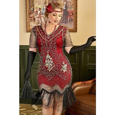Anni Ruggenti Anni 1920 Lunghezza al ginocchio Vestito Abito Flapper Abito per Festa di Natale Maniche corte Il grande Gatsby Invitato al matrimonio Paillettes Scollo a V Costume Per donna Carnevale