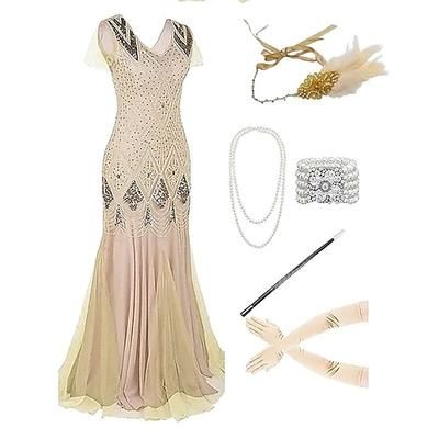 Anni Ruggenti Anni 1920 Lunghezza alla caviglia Vestito Abito da sera Abiti Maniche corte Il grande Gatsby Taglie Forti Invitato al matrimonio Frangia con nappe Nappa Scollo a V Costume Per donna