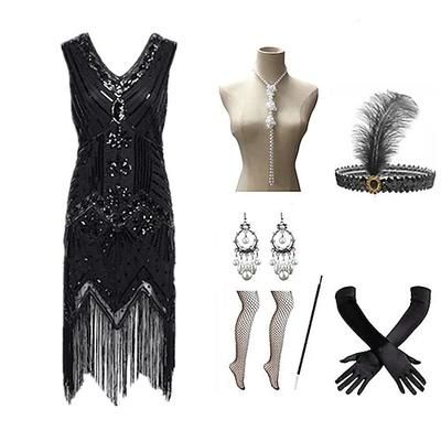 Anni Ruggenti Anni 1920 Lunghezza al ginocchio Vestito Abito Flapper Abiti Senza maniche Il grande Gatsby Charleston Taglie Forti Frangia con nappe Piuma Scollo a V Costume Per donna Carnevale