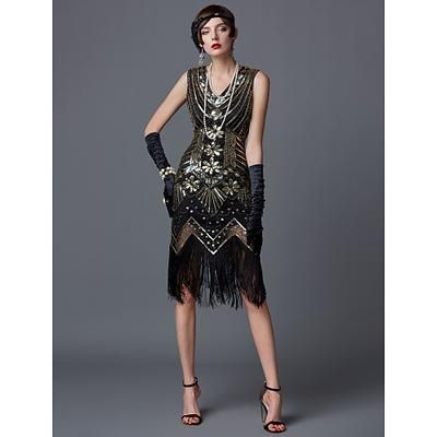 Anni Ruggenti Anni 1920 Lunghezza al ginocchio Vestito Abito Flapper Costumi di Halloween Senza maniche Il grande Gatsby Charleston Invitato al matrimonio Paillettes Patchwork Ricamato Scollo a V