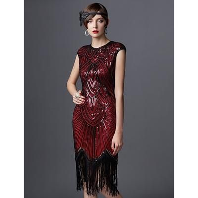 Anni Ruggenti Anni 1920 Lunghezza al ginocchio Vestito Abito Flapper Abito da cocktail Cortissima Il grande Gatsby Charleston Invitato al matrimonio Paillettes Frangia con nappe Tinta unita Scollo
