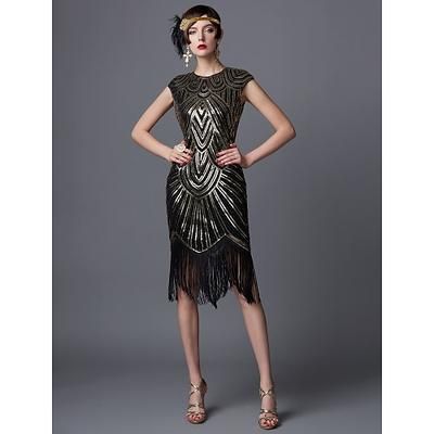 Anni Ruggenti Anni 1920 Lunghezza al ginocchio Vestito Abito Flapper Abito da cocktail Cortissima Il grande Gatsby Charleston Invitato al matrimonio Paillettes Frangia con nappe Tinta unita Scollo