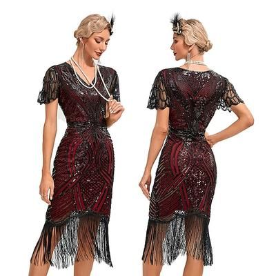 Anni Ruggenti Anni 1920 Lunghezza al ginocchio Vestito Abito Flapper Maniche corte Il grande Gatsby Invitato al matrimonio Paillettes Frangia con nappe Scollo a V Costume Per donna Mascherata Festa