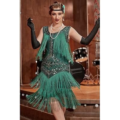 Anni Ruggenti Anni 1920 Lunghezza al ginocchio Vestito Abito Flapper Senza maniche Il grande Gatsby Charleston Paillettes Frangia con nappe Scollo Tondo Costume Per donna Carnevale Mascherata Festa