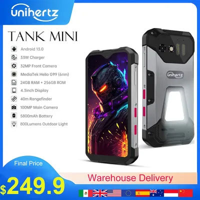 Unihertz 8849 Tank Mini Rugged Smartphone 4.3 Inch Display Android 13 5800mAh 24GB 256GB Helio G99 Octa Core 100MP Cameras IP68