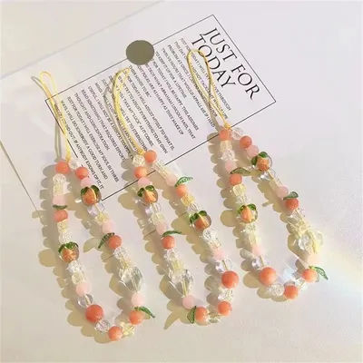 3D Stylish Cute Peach Fruit Resin Beaded Phone Charm Strap Chain Lanyard Women Girl Jewelry Bead Pendant Decoration Wholesale