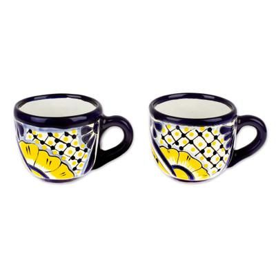 Yellow Blooms,'Talavera Style Floral Blue and Yellow Ceramic Mugs (Pair)'