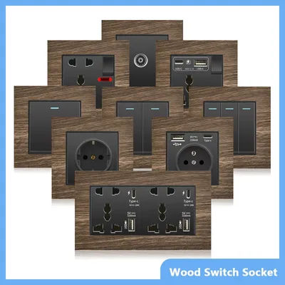 Retro Wood grain Wall Light Switch,18W Fast Type C Wall 220V Power Outlet plug,EU FR European Electrical socket with USB Charger