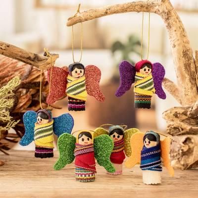 'Handmade Angel-Themed Wood and Cotton Ornaments (Set of 6)'