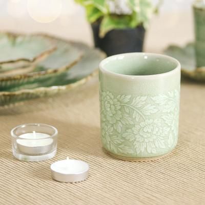 Wealthy Peony,'Leafy and Floral Green Ceramic Teacup with Crackled Finish'