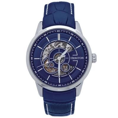 Heritor Watches Davies Semi-Skeleton Leather Band Watch - Blue - 44MM