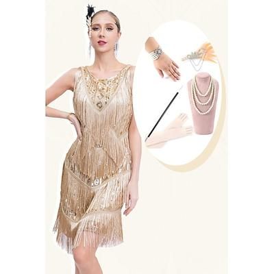 Anni Ruggenti Anni 1920 Lunghezza al ginocchio Abito Flapper Abiti Abito da cocktail Senza maniche Il grande Gatsby Ragazza Flapper Invitato al matrimonio Paillettes Scollo a V Costume Per donna