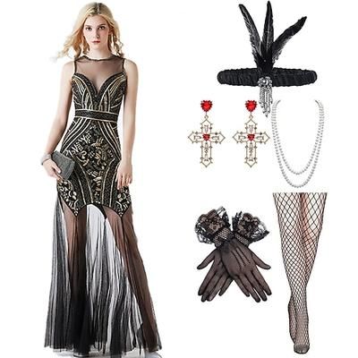 Anni Ruggenti Anni 1920 Lunghezza alla caviglia Lunghezza lunga Abito da sera Abito da cocktail Fascia Flapper Senza maniche Il grande Gatsby Invitato al matrimonio Paillettes Paillettes Girocollo