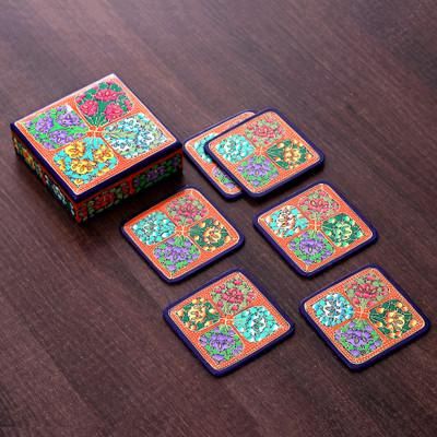 Summer Elixir,'Set of 6 Floral Painted Orange Papier Mache Coasters'