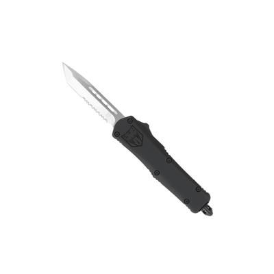 CobraTec Knives FS-3 Small OTF Automatic Folding Knife 2.75in D2 Steel Tanto Serrated Blade Black Handle SBFS-3TS