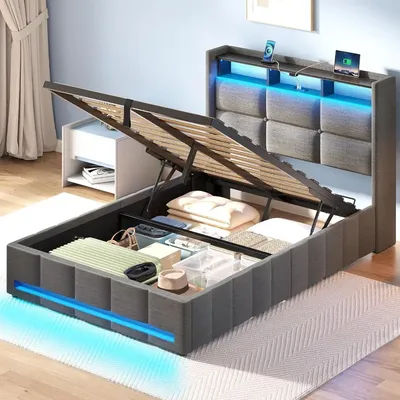 Twin Size Bed Frame with Lift Up Storage, Charging Station & LED Lights, Upholstered Storage