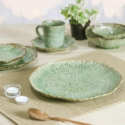 'Lotus-Inspired Speckled Green Celadon Ceramic Dinner Plate'