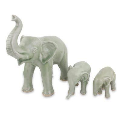 Sweet Elephant Family in Green,'Celadon Elephant and Babies Ceramic Statuettes (Set of 3)'