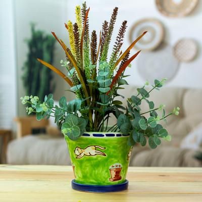 'Handmade Whimsical Dog-Themed Ceramic Flower Pot and Saucer'