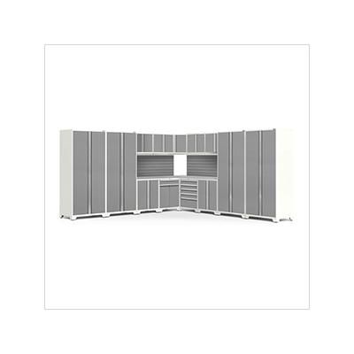 NewAge Garage Cabinets PRO Series Platinum 16-Piece Corner Set with Stainless Steel Tops and Slatwall