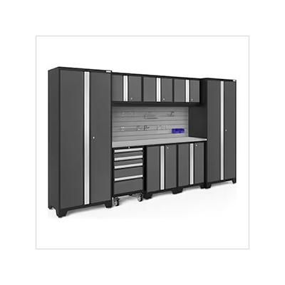 NewAge Garage Cabinets BOLD Series Grey 9-Piece Set with Stainless Steel Top, Backsplash and Hook Kit