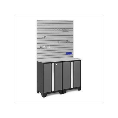 NewAge Garage Cabinets BOLD Series Grey 4-Piece Set with Stainless Top, Slatwall and Hook Kit