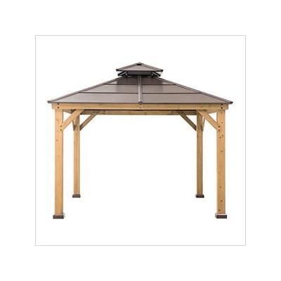 Sunjoy Group 11 x 11 Wooden 2-Tier Hardtop Gazebo with Ceiling Hook (Brown Roof)