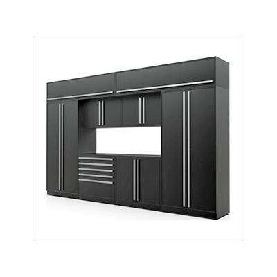 Proslat Garage Cabinets 9-Piece Mat Black Cabinet Set with Silver Handles and Powder Coated Worktop