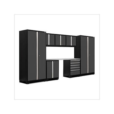 NewAge Garage Cabinets PRO Series Grey 8-Piece Set with Stainless Steel Top and LED Lights