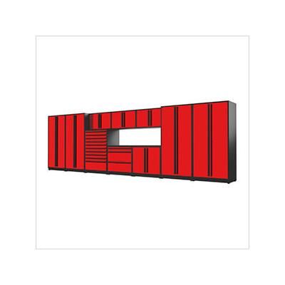Proslat Garage Cabinets 11-Piece Glossy Red Cabinet Set with Black Handles and Powder Coated Worktop