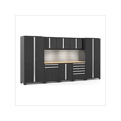 NewAge Garage Cabinets PRO Series Black 9-Piece Set with Bamboo Top, Slatwall and LED Lights