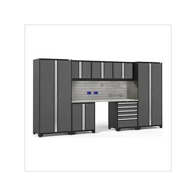 NewAge Garage Cabinets PRO Series Grey 8-Piece Set with Stainless Top, Slatwall Hook Kit and LEDs