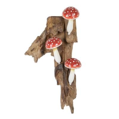 Cute Mushrooms,'Wood Wall Art with Hand-Painted Mushrooms from Bali'
