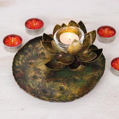 'Thai Antiqued Lotus-Themed Iron Tealight Candleholder'